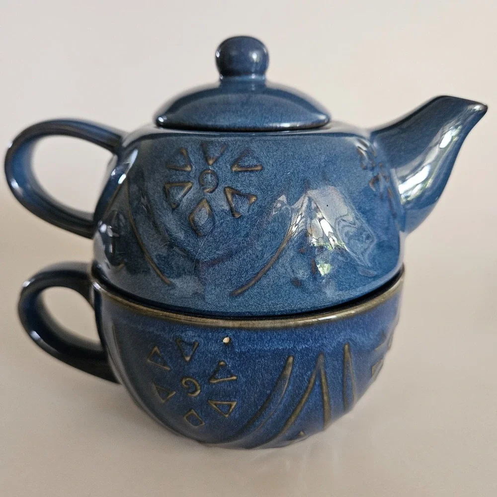 Pier 1 Blue Stoneware Stackable Tea Set Tea Pot Lid and Cup Mug Glazed